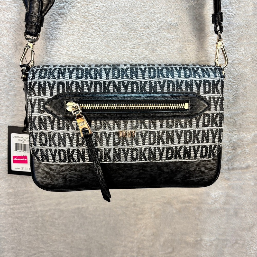 NWT DKNY Womens Chelsea Flap Crossbody PVC Black Grey Logo Medium R34E2B23